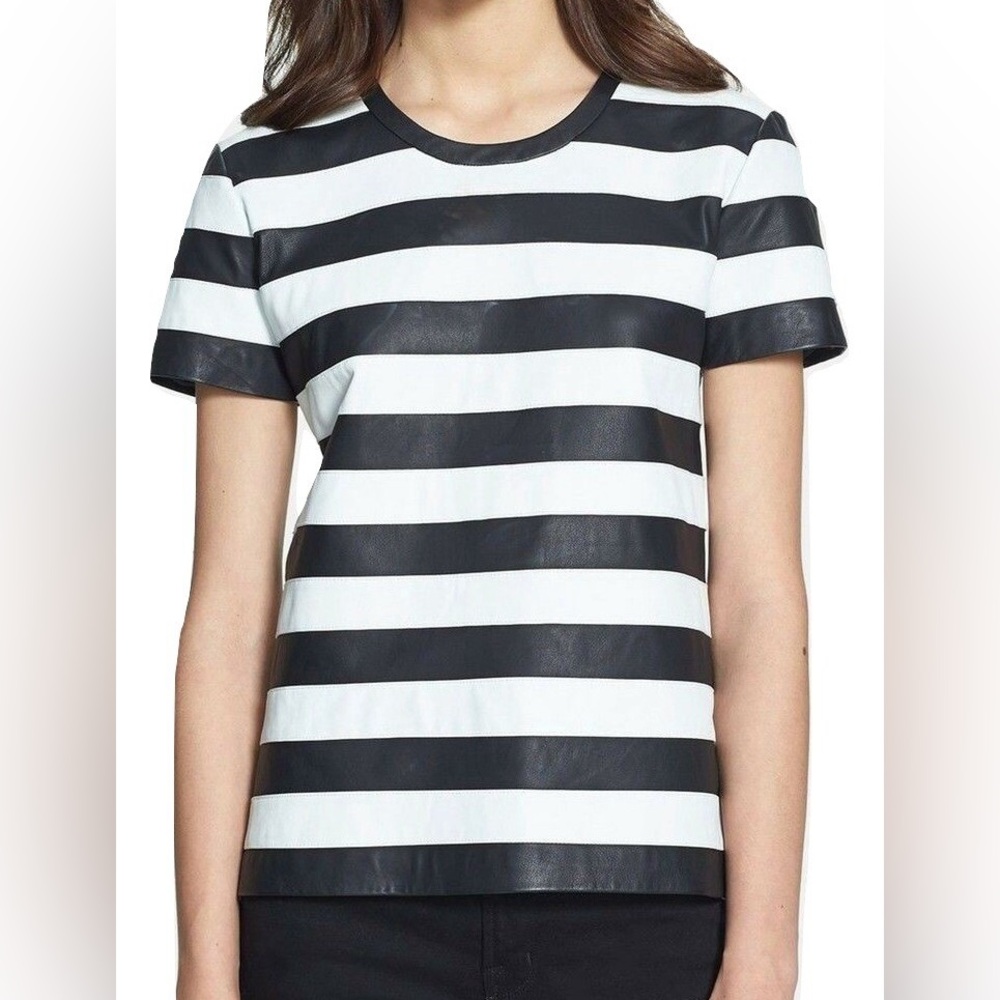 Theory Lambskin Black and White Striped Top